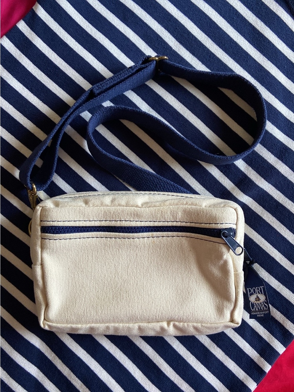 Port Canvas Kennebunkport Cream Crossbody Belt Bag with Navy Strap NEW
